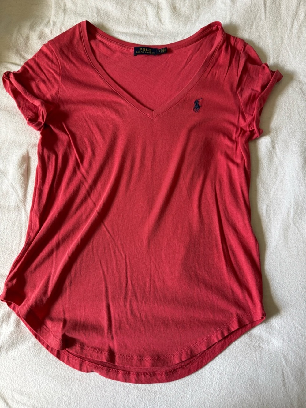 Ralph Lauren V-Neck Short Sleeve Tee in Red with Navy Pony